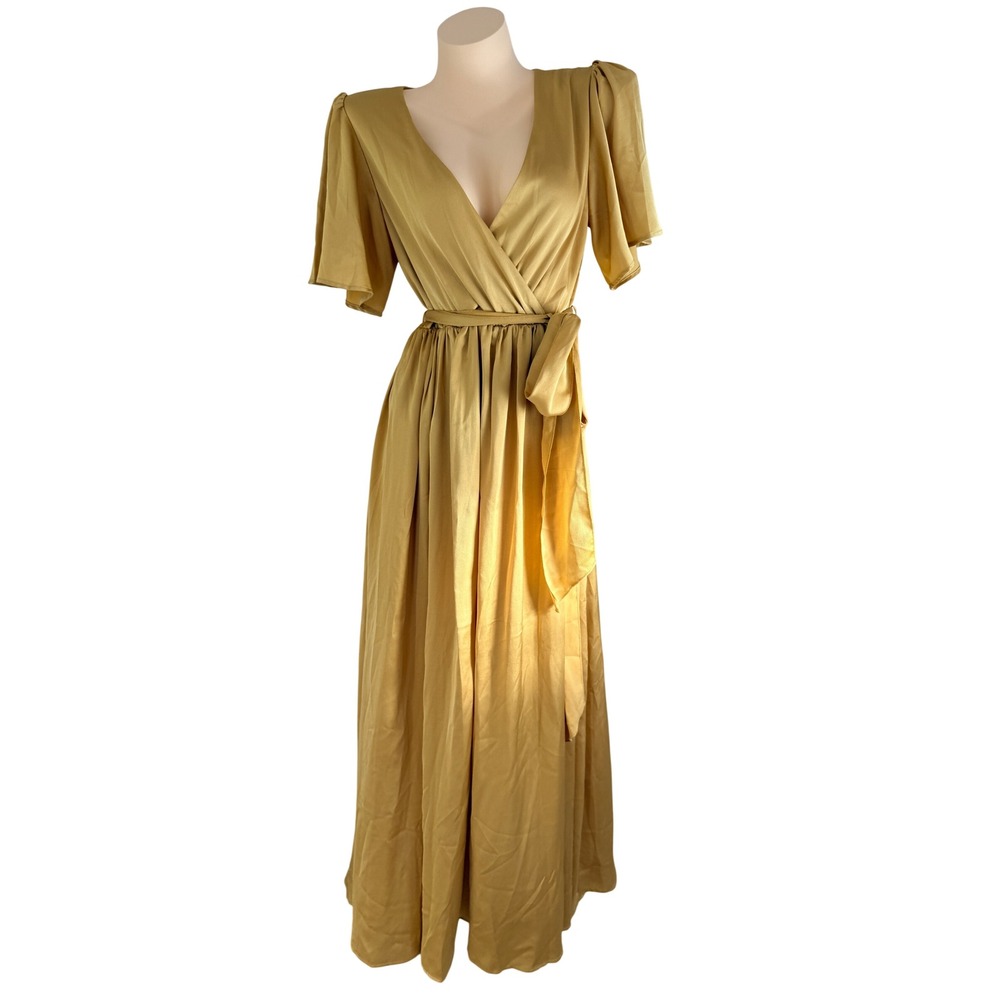 Baltic Born Boho Glam Gold Satin Wrap Flutter Sleeve Maxi Dress Large NWT